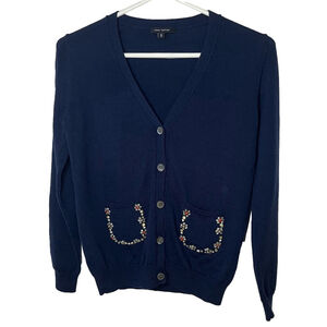 PINK TARTAN Bejeweled Cardigan Sweater Navy Blue V-neck Rhinestone Flowers Small